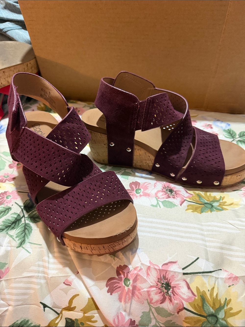 Corkys Plum Perforated Wedge Sandals